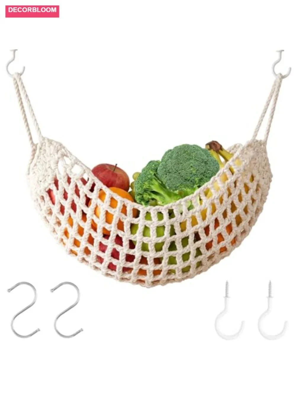 Handwoven Cotton Macrame Fruit Hammock with 4 Hooks Vegetable Storage